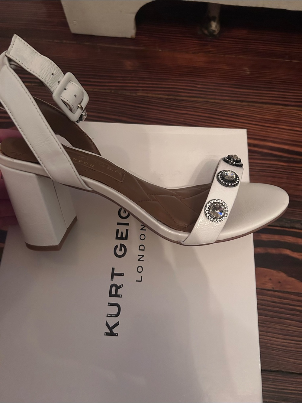 Kurt Geiger White Leather Slingback Block Heel Sandals with Jewel Accents